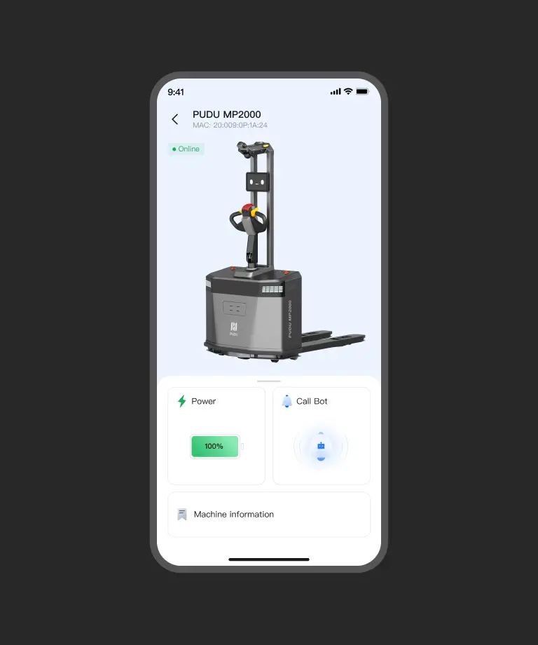 Un opérateur appelle le transpalette autonome MP2000 depuis son téléphone