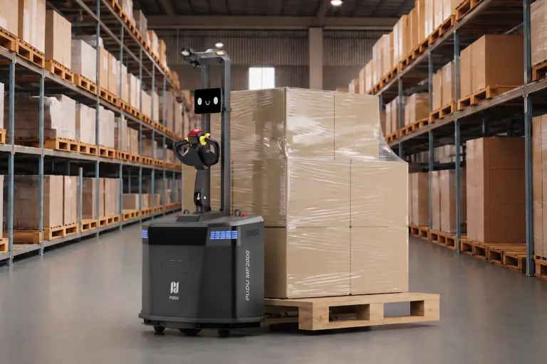 Le transpalette autonome PUDU MP2000 engageant ses fourches sous une palette