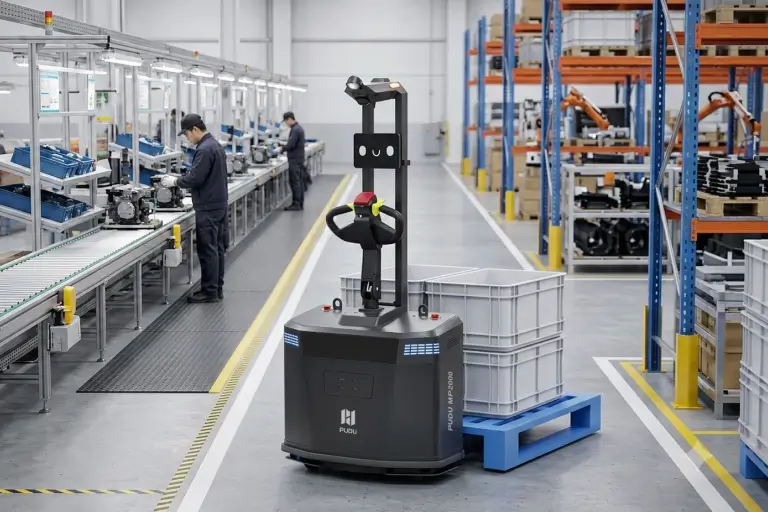 Le transpalette autonome PUDU MP2000 en déplacement dans une allée d'usine
